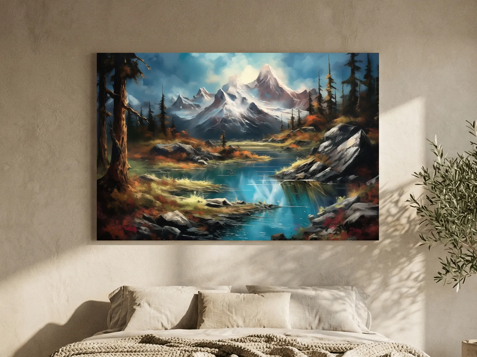 Alpine Lake And Snowcapped Peaks - Dramatic Landscape Painting Wall Art