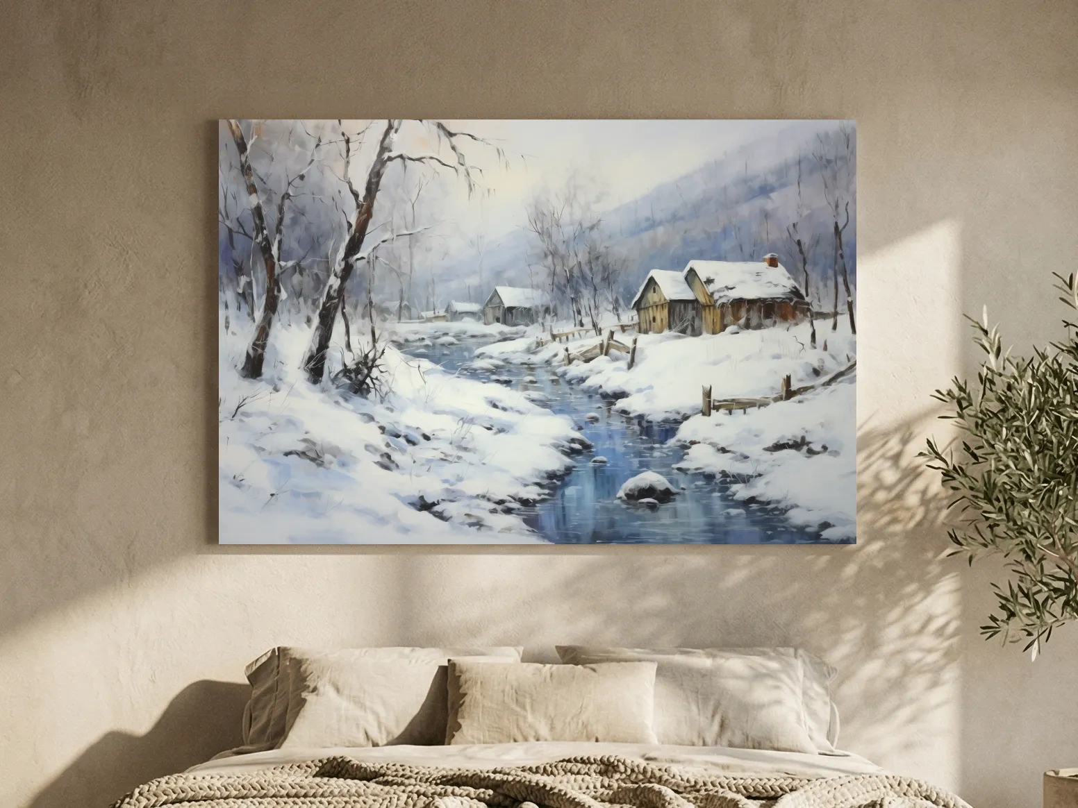Snowy Winter Cabin Stream Landscape - Serene Rustic Wall Art