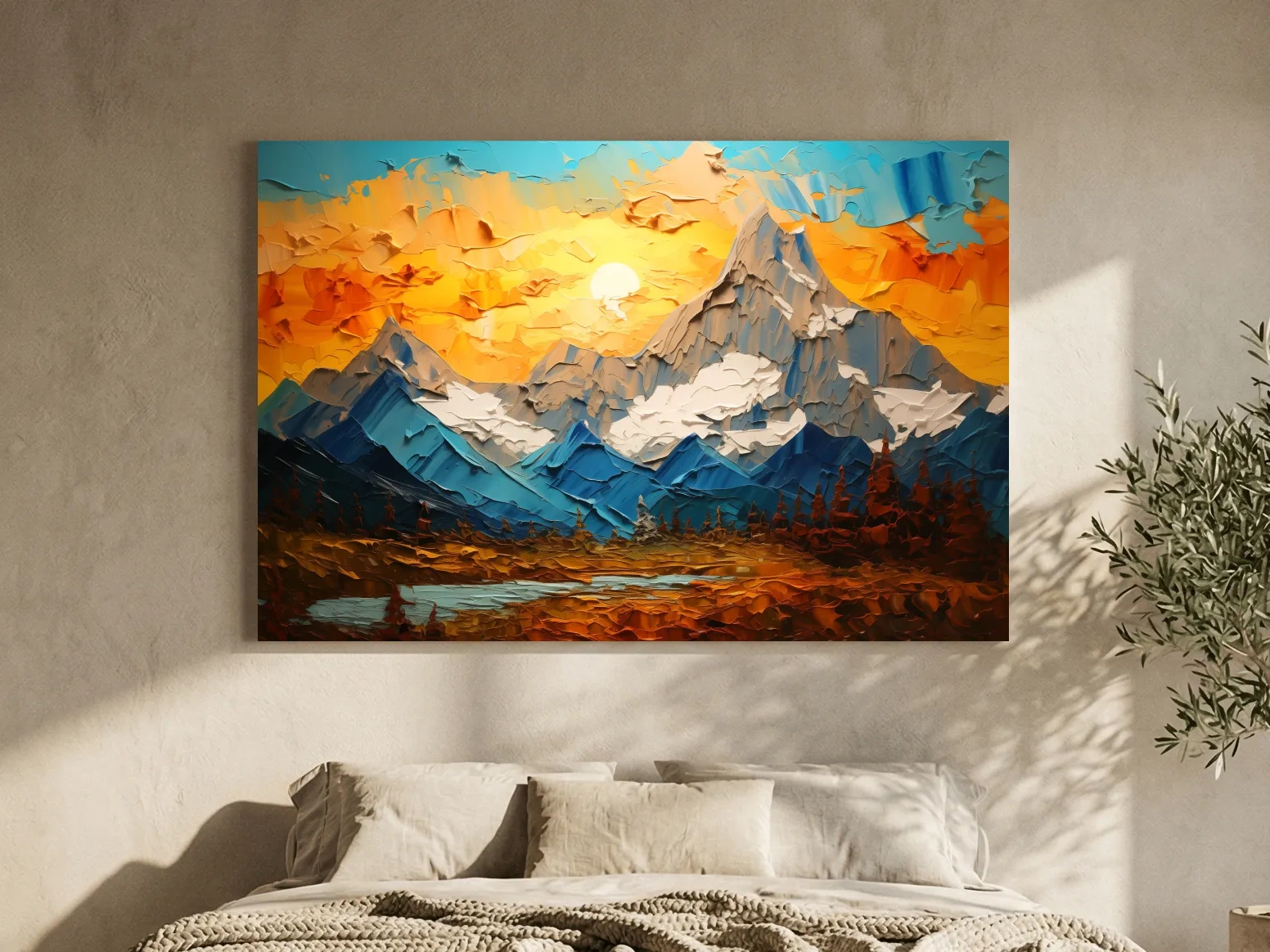 Palette Knife Style Mountain Sunset Painting - Vibrant Abstract Alpine Artwork
