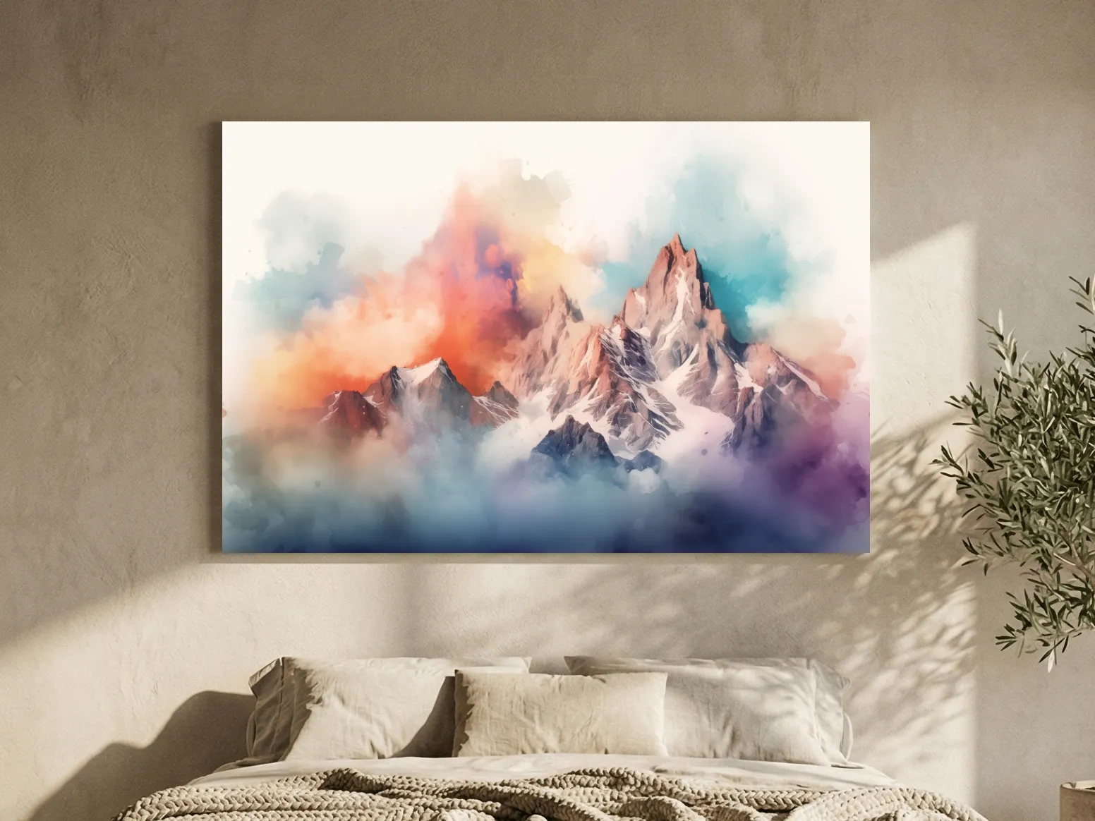 Vibrant Watercolor Alpine Mountain Peaks - Colorful Misty Artwork
