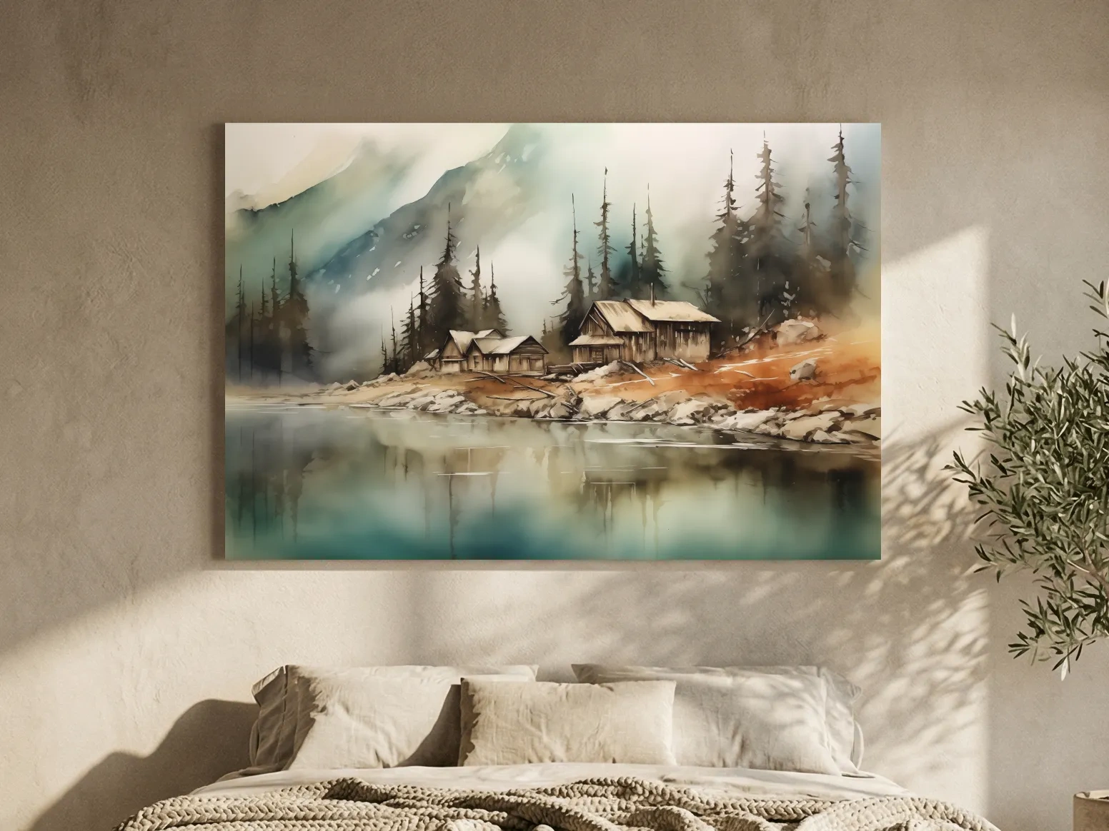 Rustic Lakeside Cabin Watercolor Landscape - Serene Alpine Mountain Wall Art