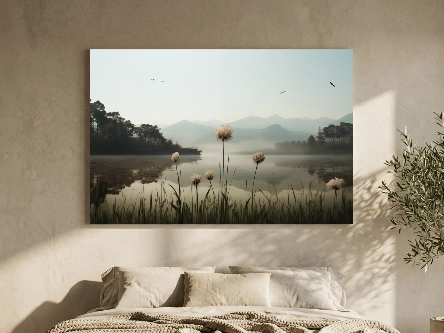 Misty Lake Painting With Wildflowers - Serene Landscape Wall Art