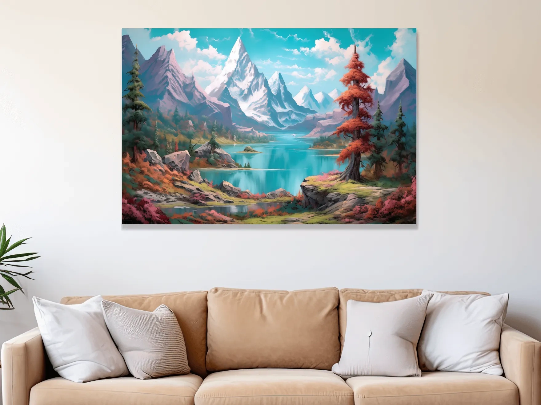 Vibrant Fantasy Alpine Lake Mountains - Surreal Colorful Artwork