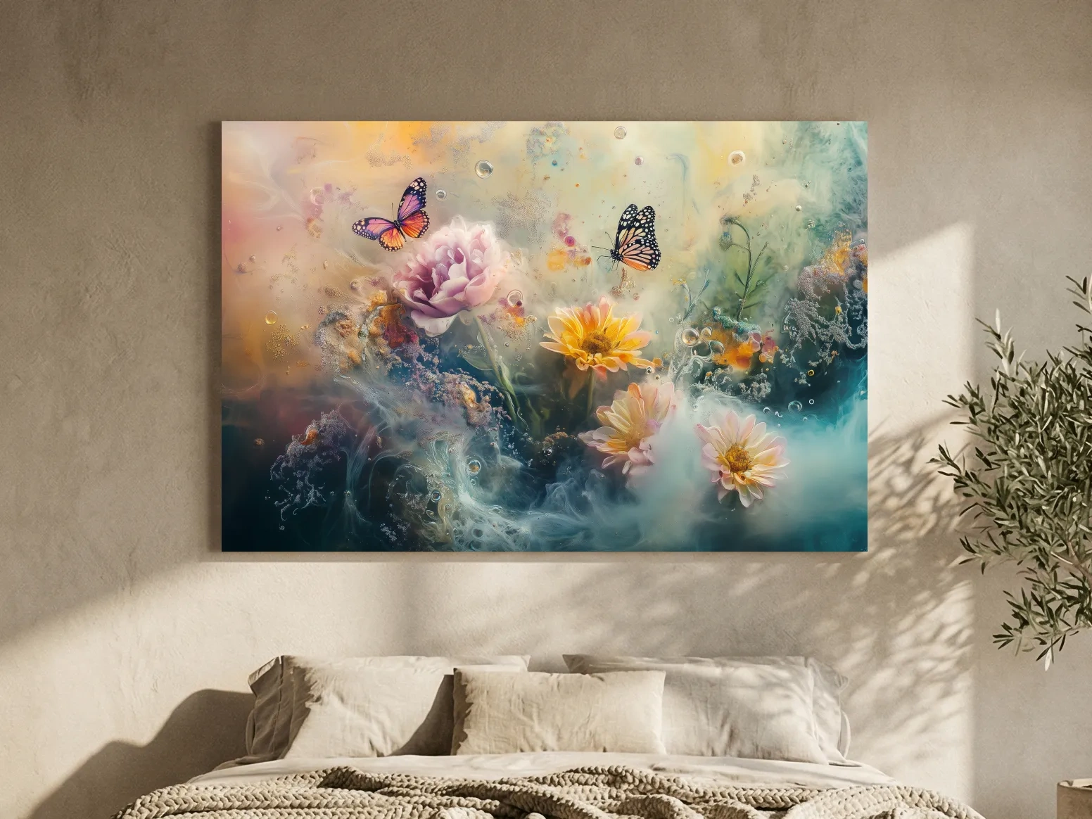 Ethereal Butterfly Floral Dreamscape - Pastel Mixed Media Wall Art
