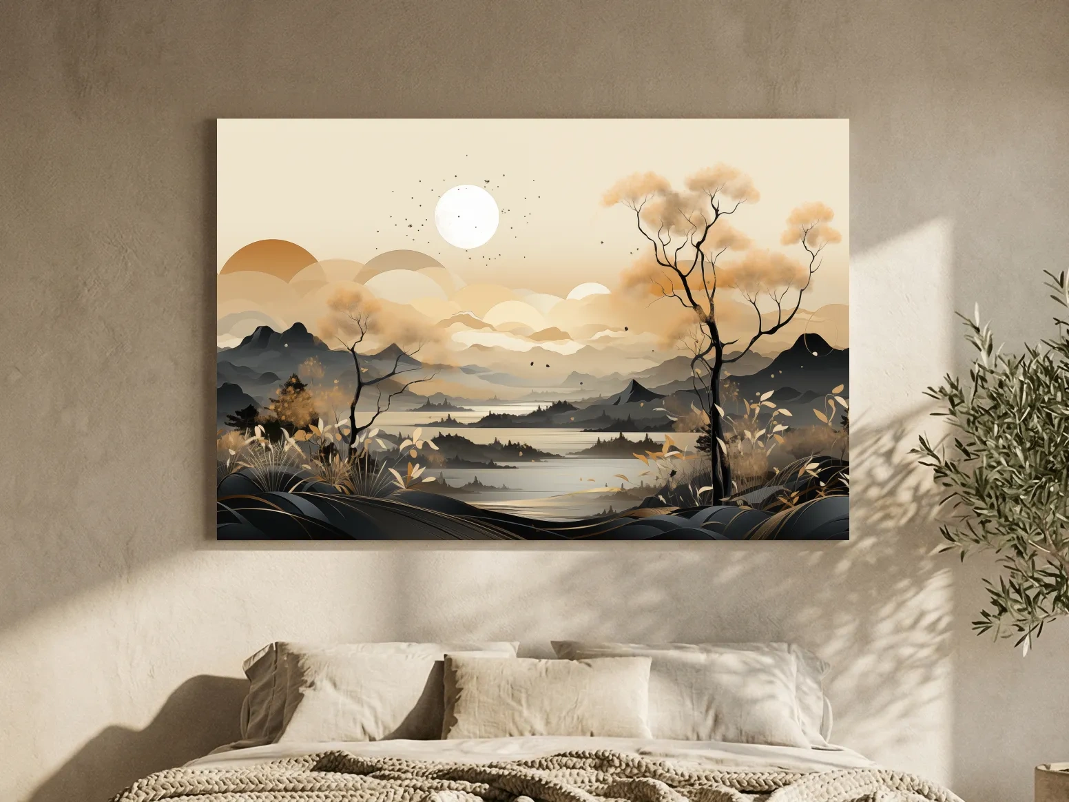 Japandi Misty Mountain Lake Landscape - Boho Wall Artwork