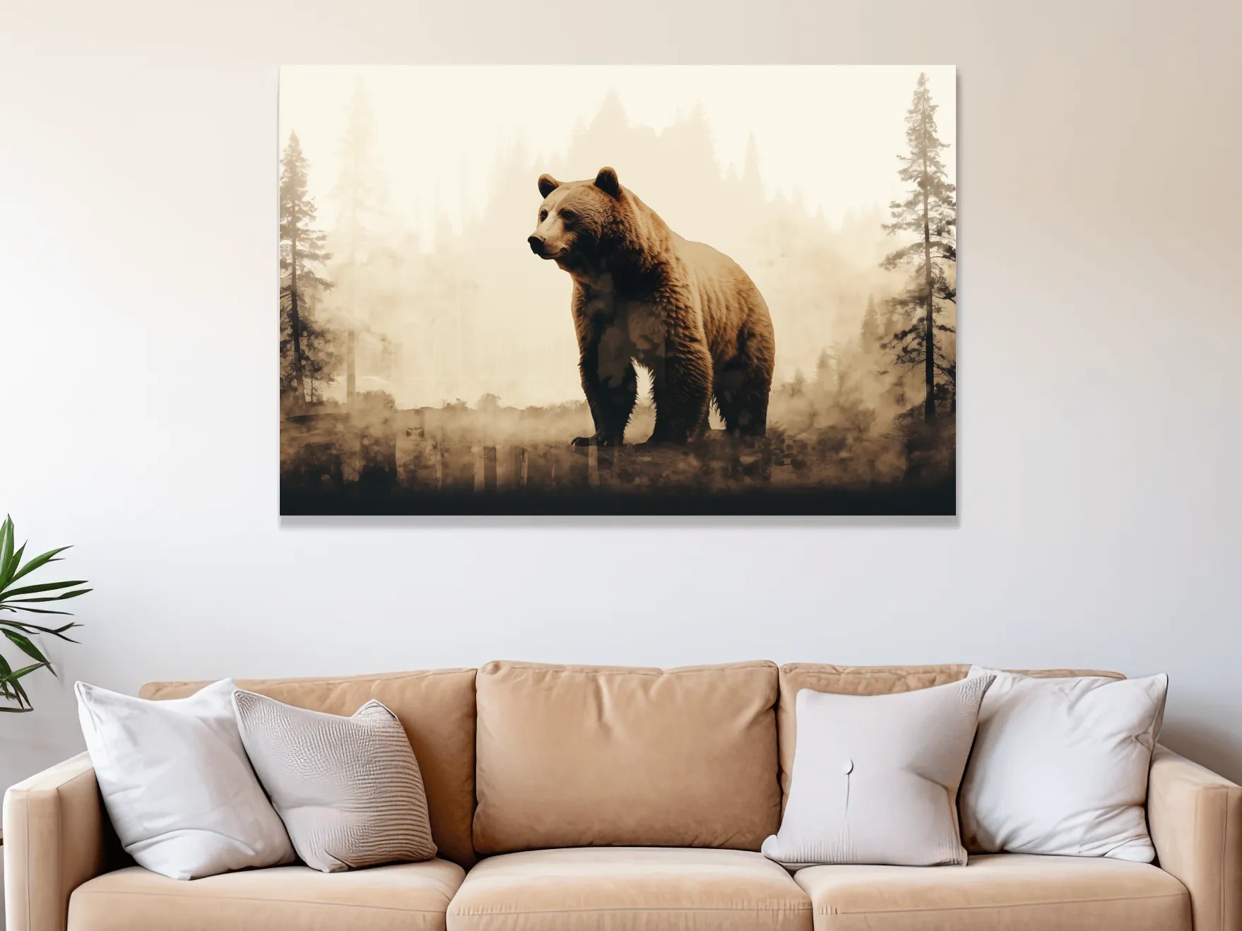 Grizzly bear in the forest, double exposure sepia photography artwork