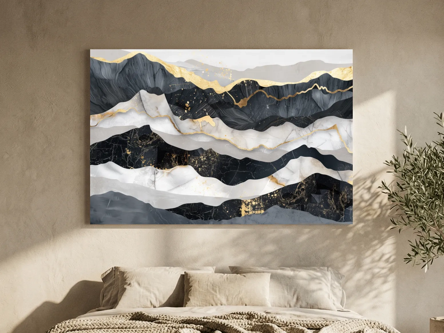 Abstract Black Marble Mountain Layers - Modern Elegant Gold Foil Landscape Wall Art