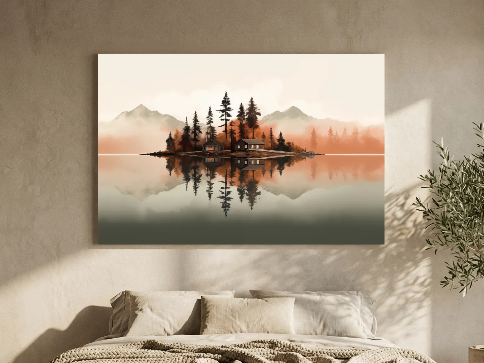 Minimalist Misty Lake Cabin Reflection - Autumn Mountain Landscape Wall Art
