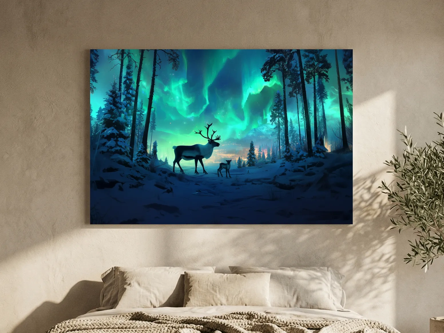 Caribou Buck Under Aurora Borealis Winter Scene - Fantasy Northern Lights Forest Wall Art