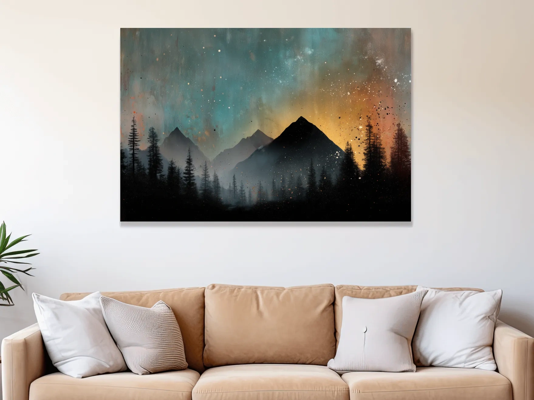 Moody Mountain Sunset Silhouette - Abstract Pine Forest Wall Art