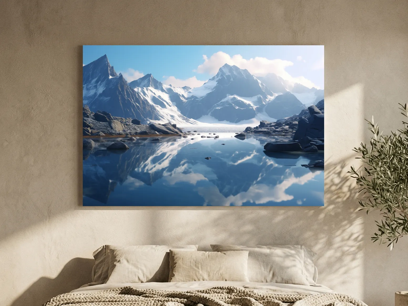 Majestic Snowcapped Mountain Lake Artwork - Serene Alpine Photography Wall Art