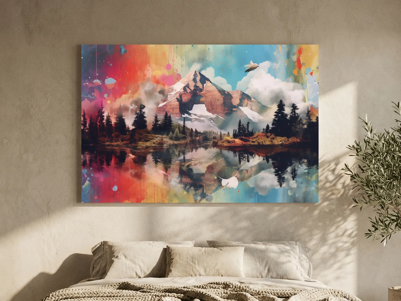 Vibrant Abstract Mountain Lake Painting - Colorful Landscape Wall Art