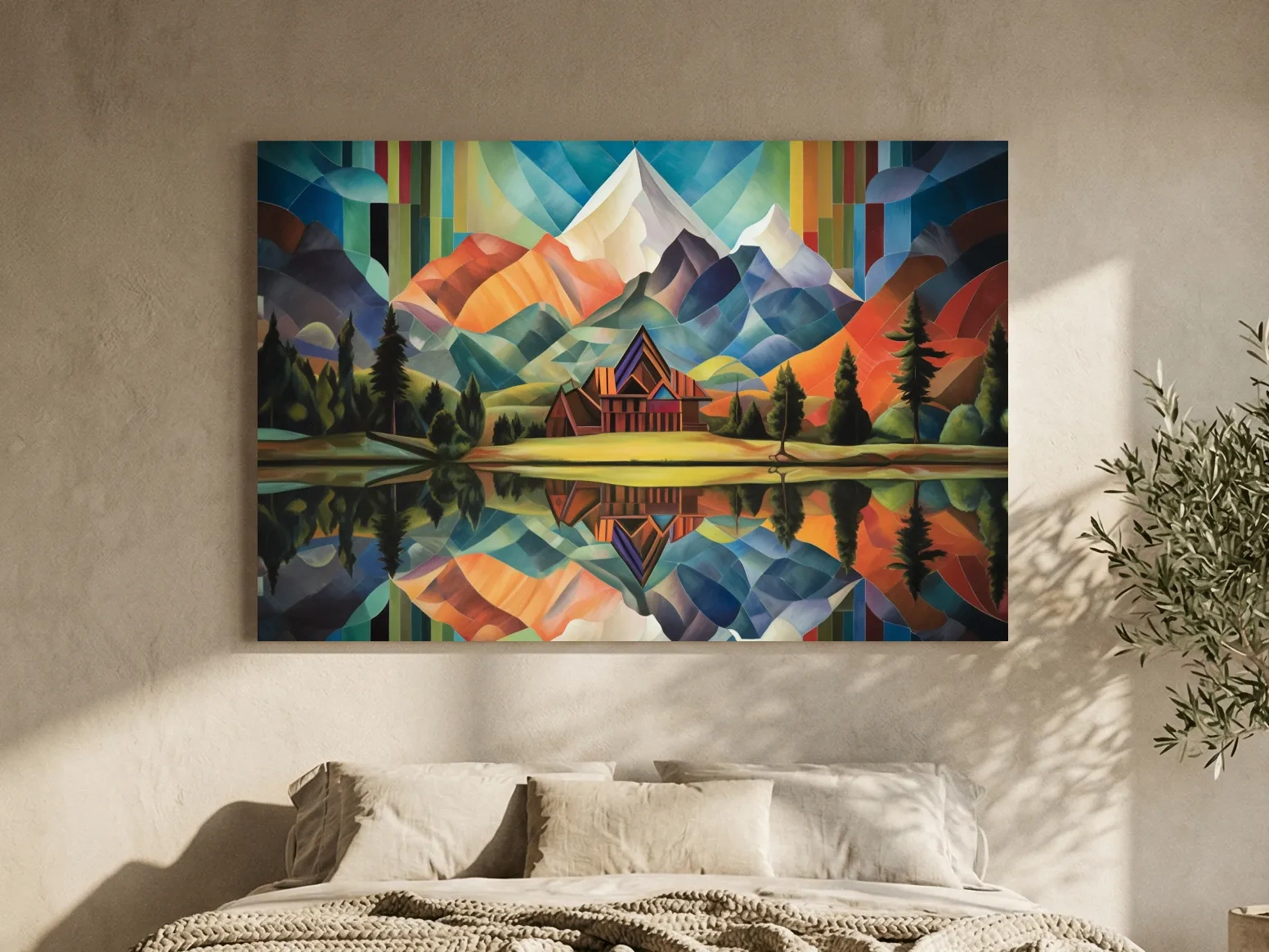 Vibrant Geometric Mountain Cabin Lake Reflection - Colorful Abstract Landscape Wall Art