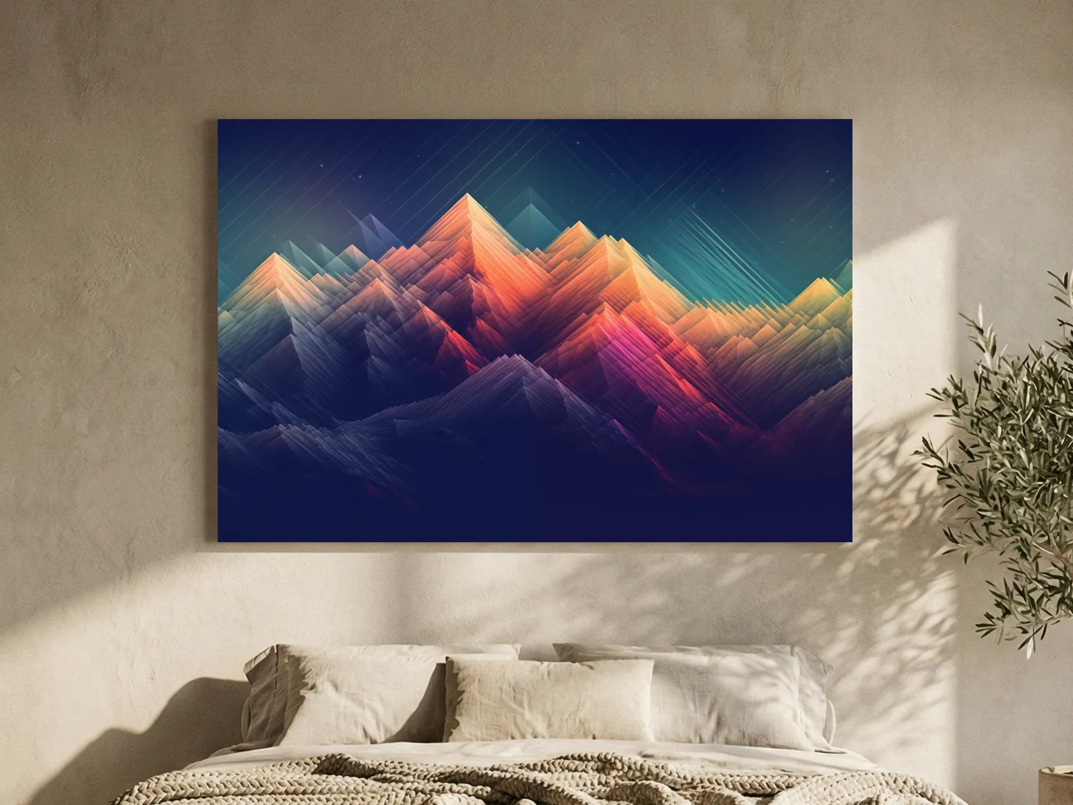 Vibrant Geometric Neon Mountain Peaks - Abstract Alpine Wall Art