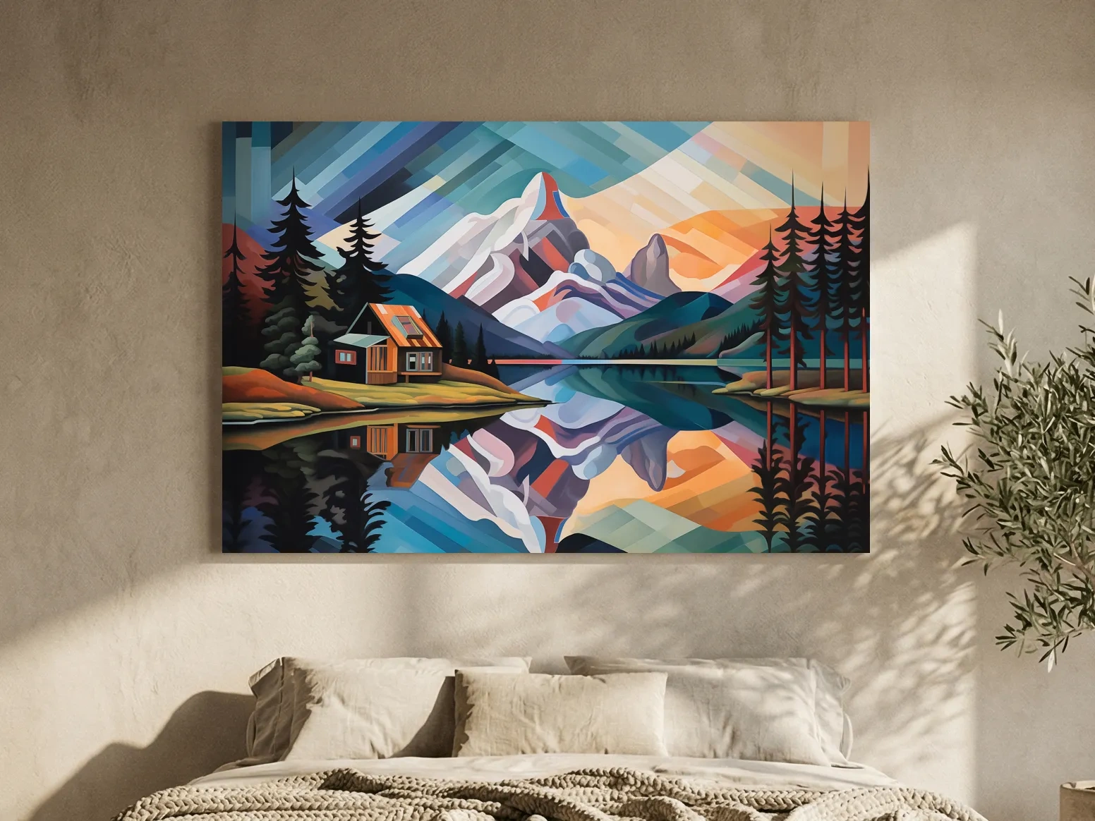 Mountain Cabin by the Lake Canvas Print - Abstract Oil Painting Sunset Wall Art