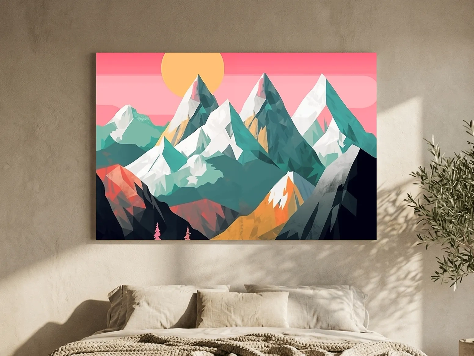 Alpine Mountains Sunrise Illustration - Colorful Landscape Wall Art