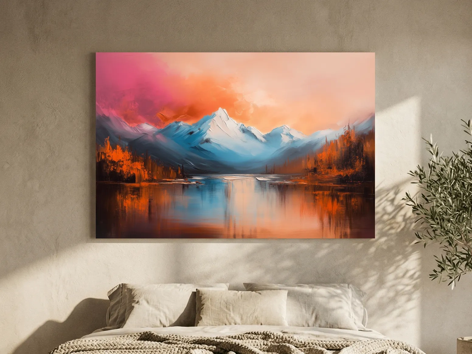 Sunset Mountain Lake Painting - Serene Abstract Landscape Wall Art Print