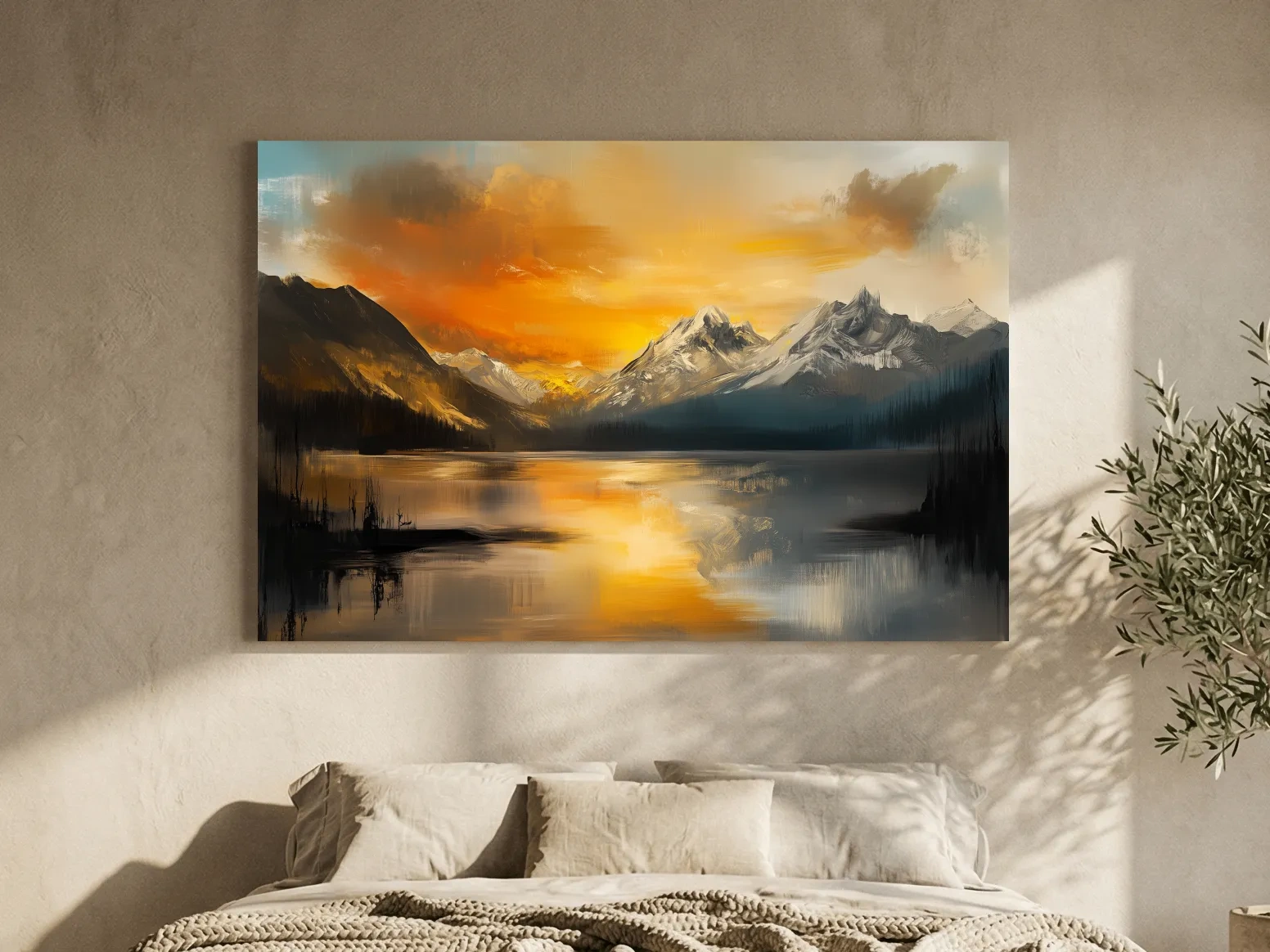 Moody Alpine Mountain Lake Sunset Painting - Oil Painting Style Wall Art