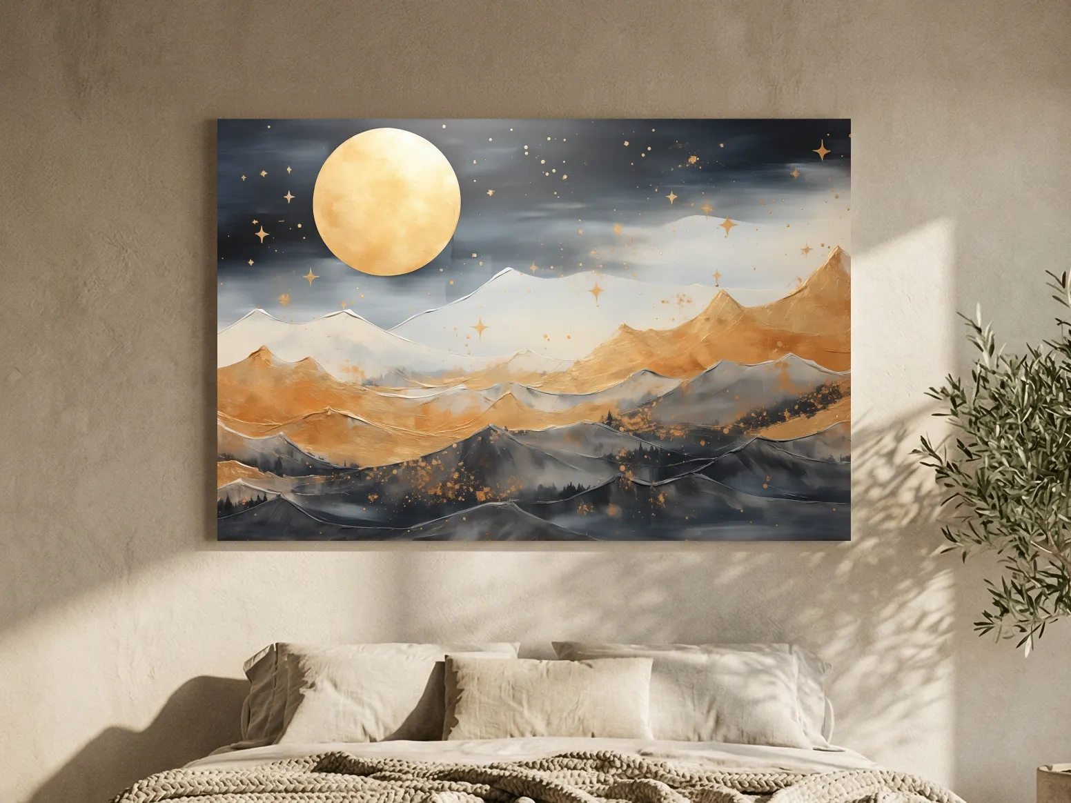 Golden Moonlit Abstract Mountain Landscape - Modern Metallic Watercolor Wall Art