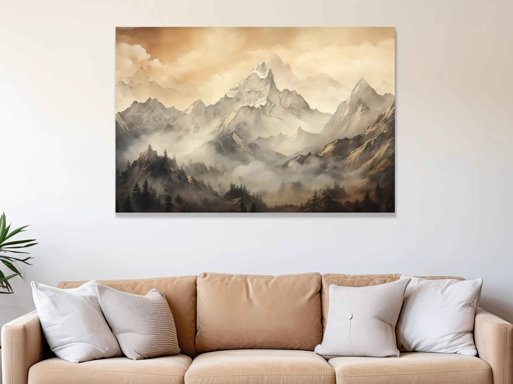 Moody Sepia Misty Mountain Peaks - Atmospheric Alpine Landscape Painting Wall Art
