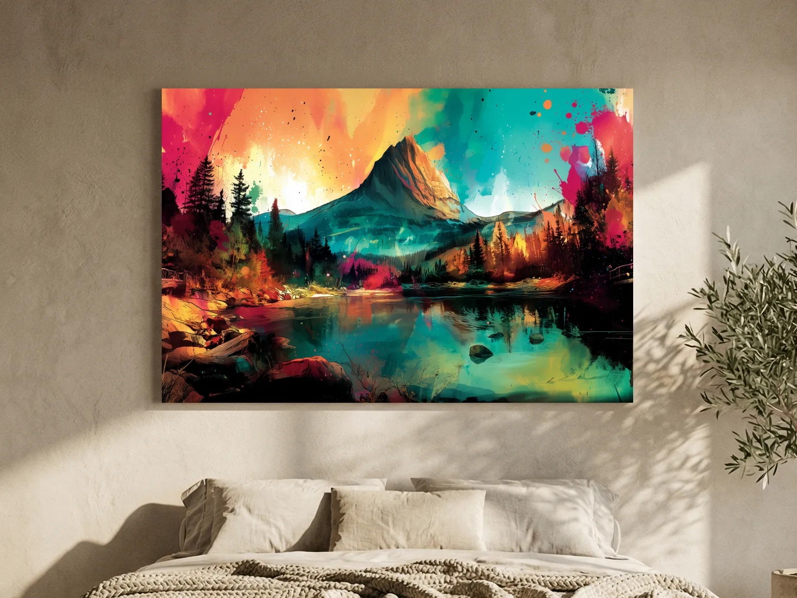 Vibrant Abstract Alpine Mountain Sunrise - Colorful Watercolor Style Artwork