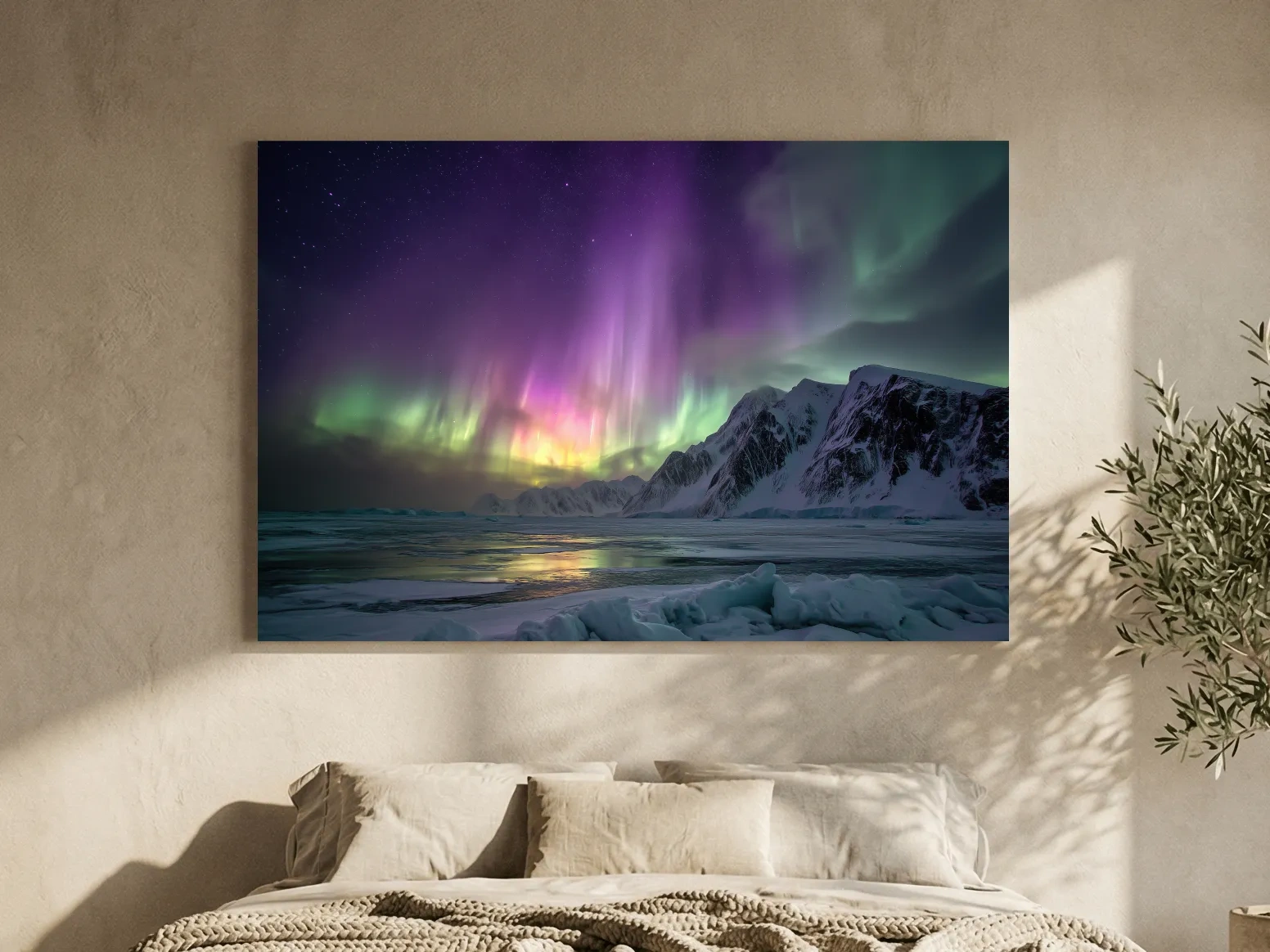 Vibrant Northern Lights Over Snowy Mountains - Aurora Borealis Photographic Night Sky Wall Art