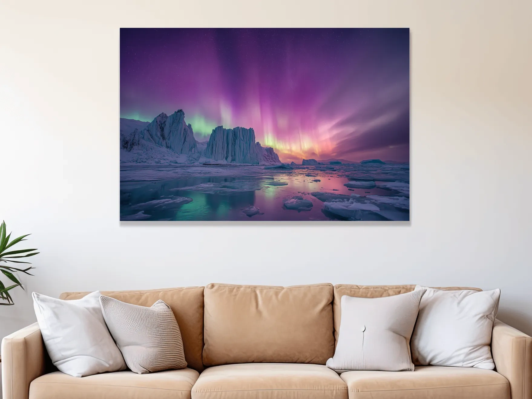 Vibrant Purple Northern Lights Over Arctic Icebergs - Aurora Borealis Landscape Wall Art