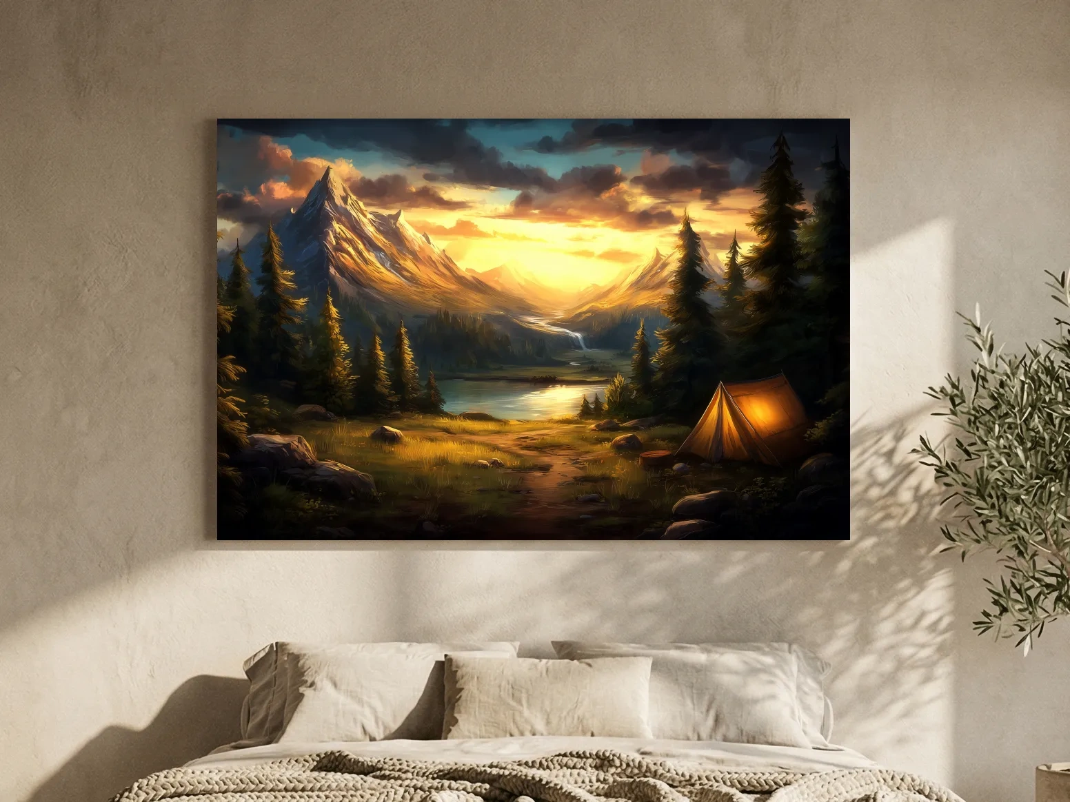Golden Sunset Alpine Camping Scene Impressionist Painting - Scenic Mountain Wall Art
