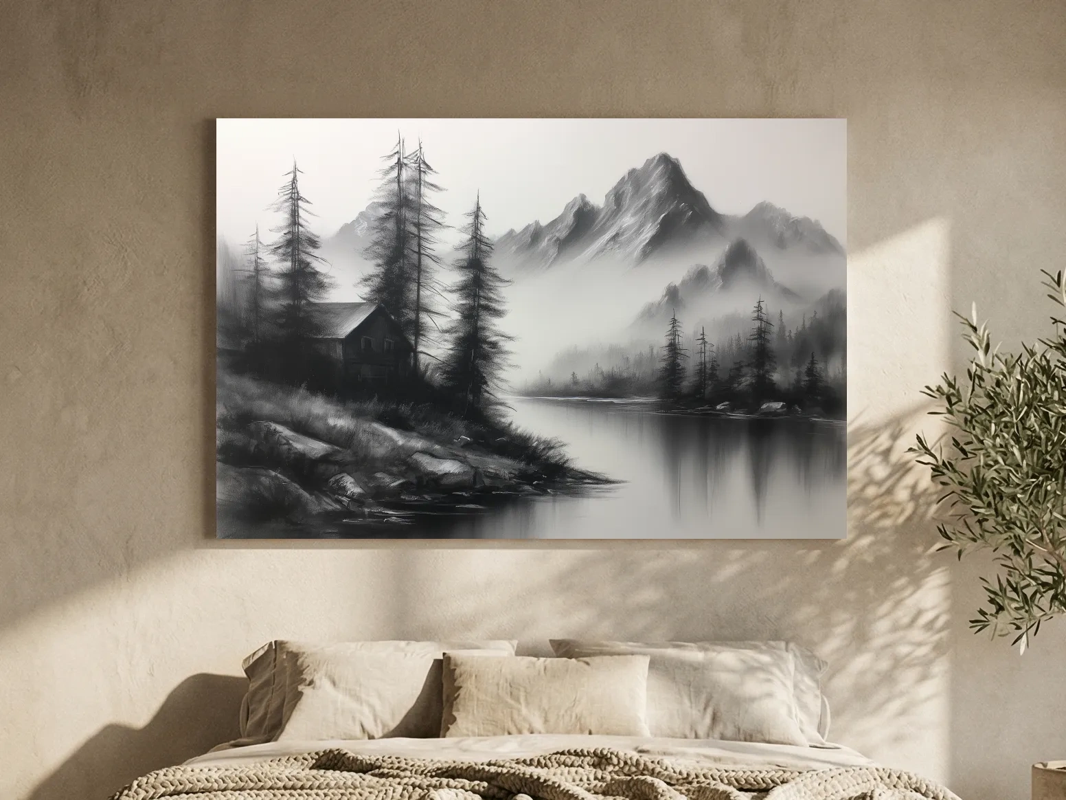 Moody Monochrome Alpine Lake Cabin - Charcoal Mountain Sketch Style Wall Art