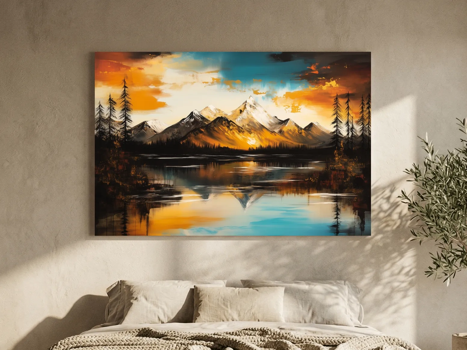 Alpine Mountain Sunset Oil Painting - Abstract Landscape Wall Art