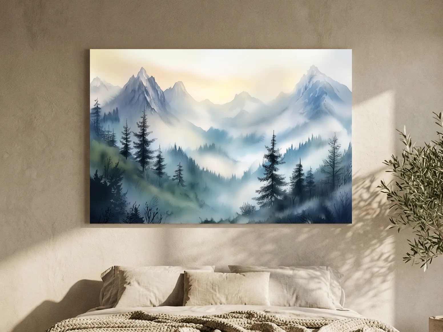 Chinese Ink Wash Watercolor Mountain Peaks - Foggy Alpine Wall Art