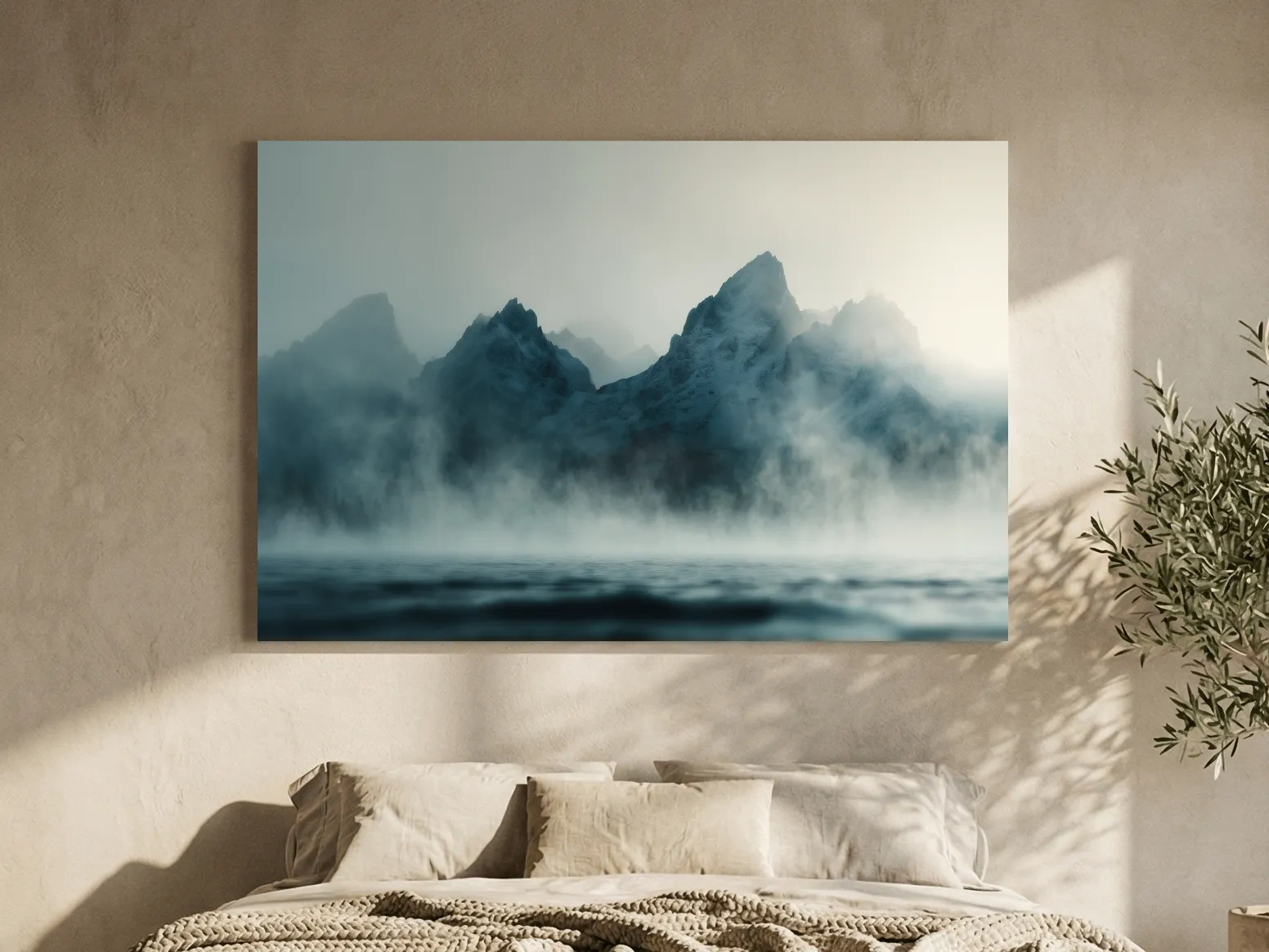 Moody Misty Mountain Peaks Over Water - Atmospheric Monochrome Landscape Wall Art