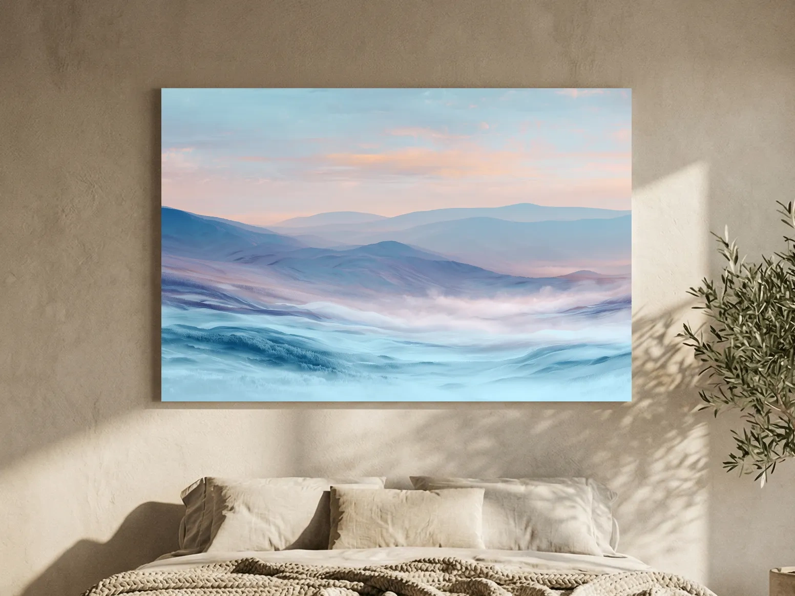 Ethereal Pastel Misty Mountain Landscape - Serene Abstract Forest Wall Art