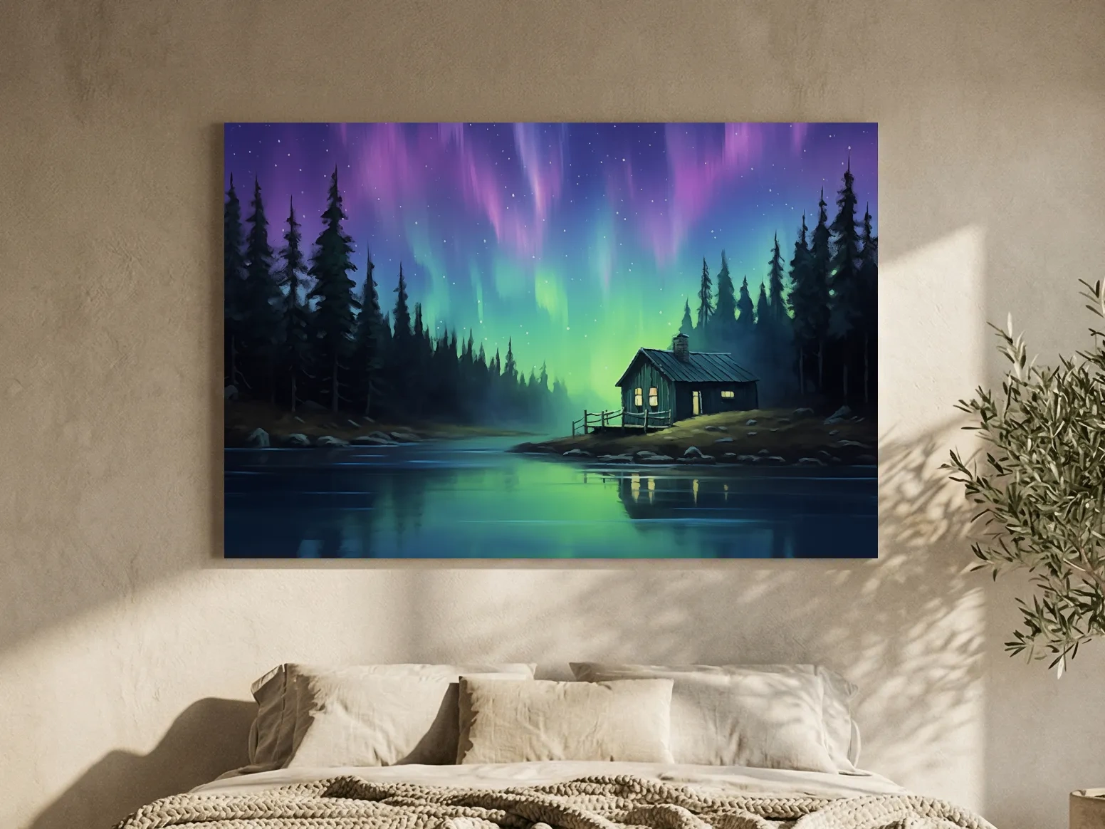 Northern Lights Over Lakeside Cabin Painting - Aurora Borealis Night Wall Art
