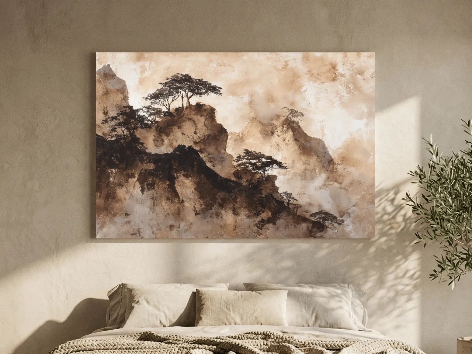 Sepia Japandi Mountain Ridge Painting - Atmospheric Ink Wash Art