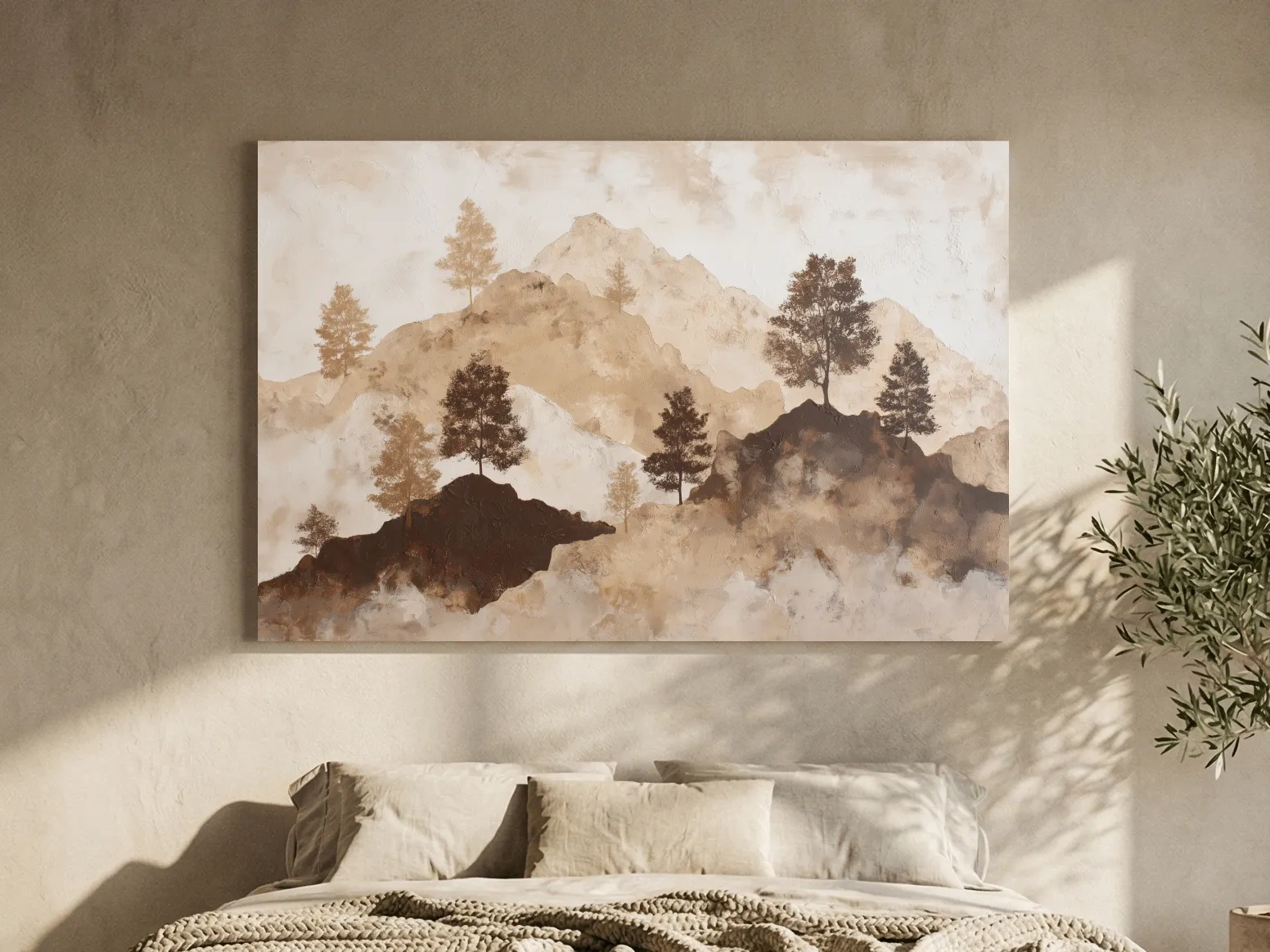 Wabi-Sabi Mountain Tree Silhouettes Painting - Minimalist Landscape Wall Art