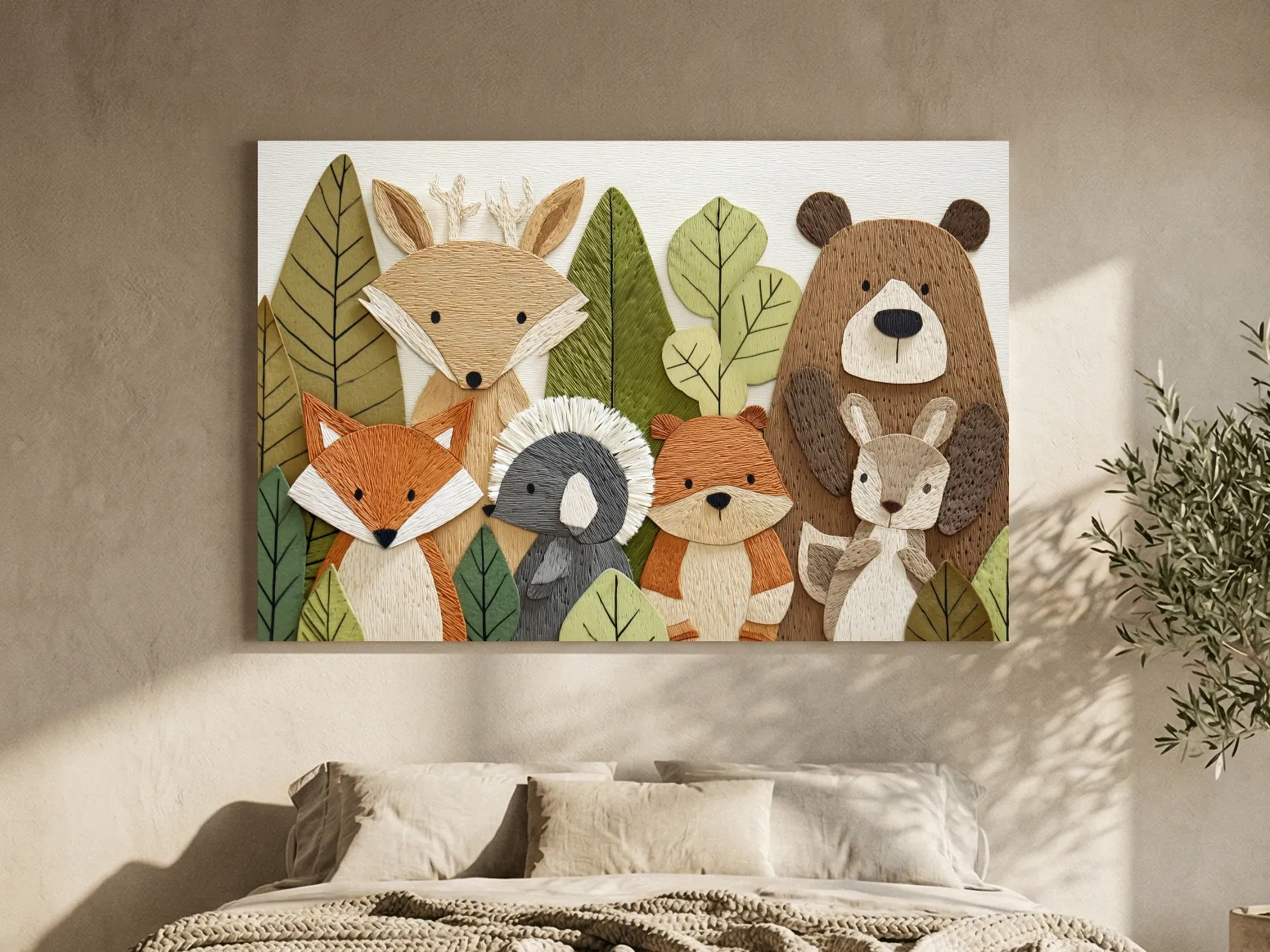 Woodland Animal Nursery Decor - Cute Forest Animals Embroidery Style Wall Art