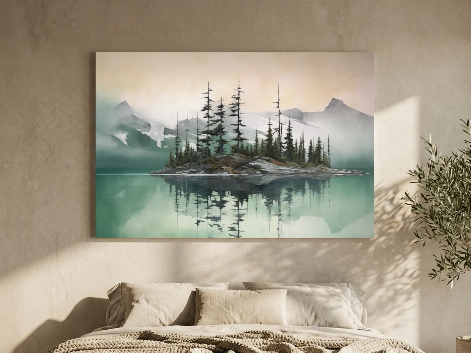 Misty Turquoise Alpine Lake Reflection - Serene Watercolor Mountain Landscape Wall Art