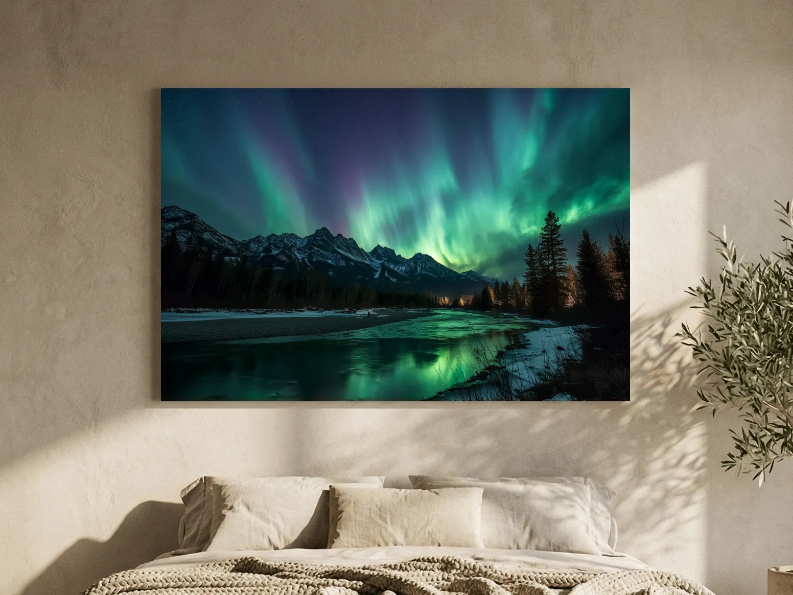 Vibrant Green Northern Lights Over Frozen Lake - Aurora Borealis Landscape Wall Art
