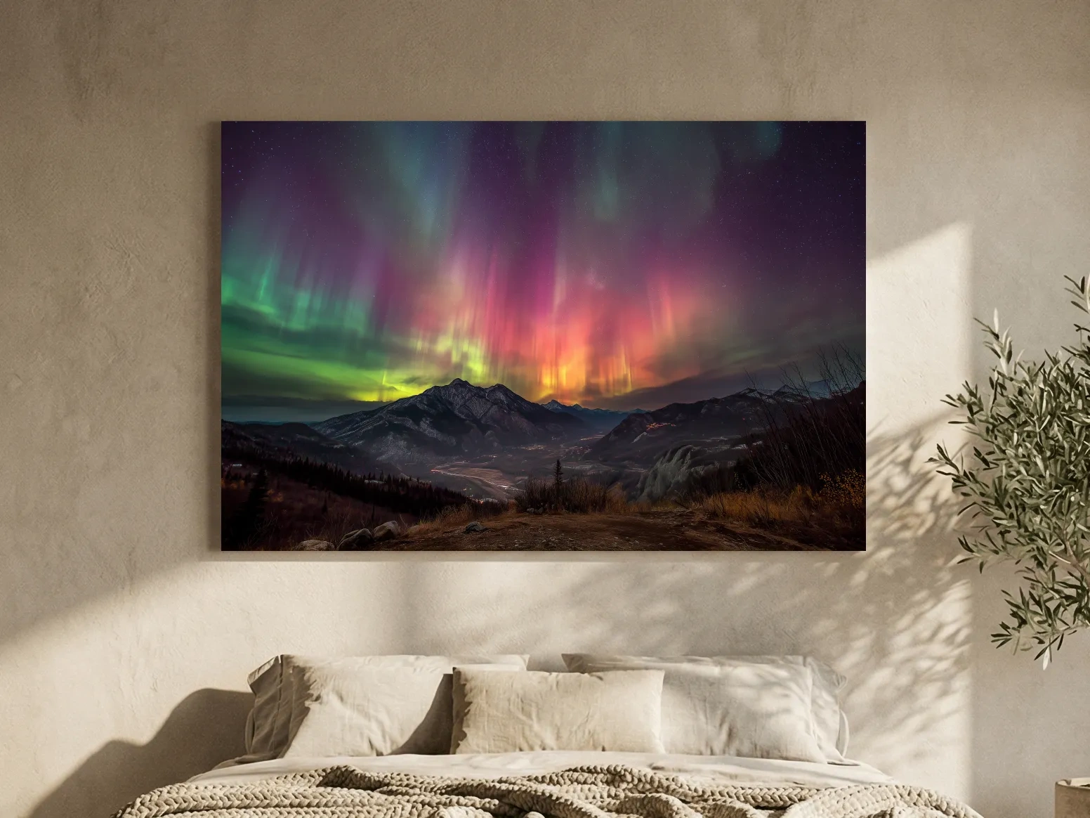 Vibrant Aurora Borealis Over Mountain Range - Colorful Northern Lights Landscape Wall Art