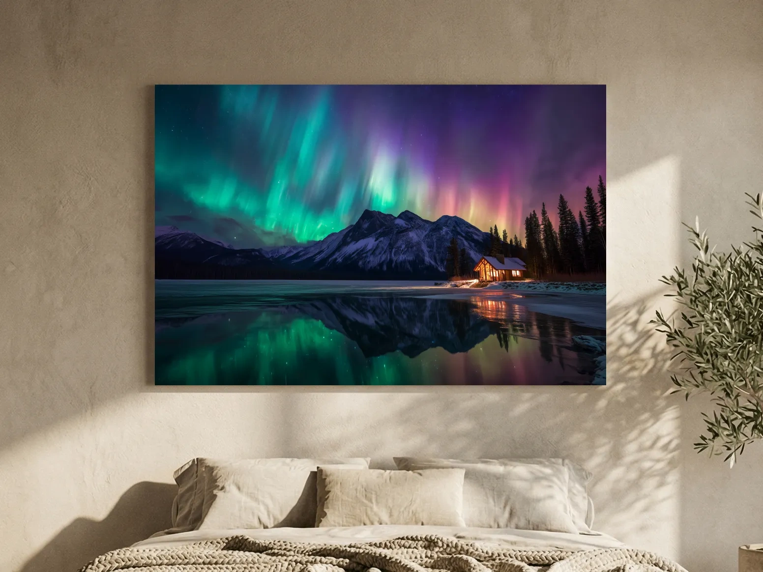 Vibrant Northern Lights Over Mountain Lake Cabin - Aurora Borealis Landscape Wall Art