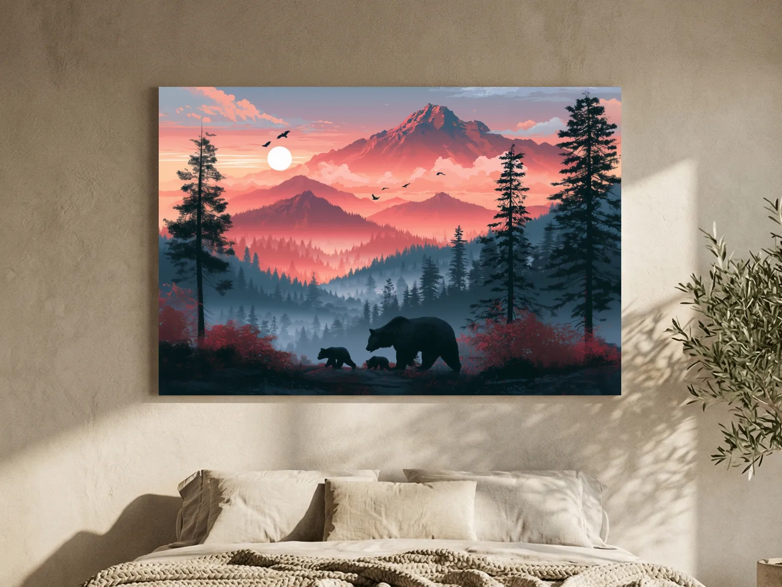 Sunset Mama Bear & Cubs Silhouette - Forest Wildlife Wall Art