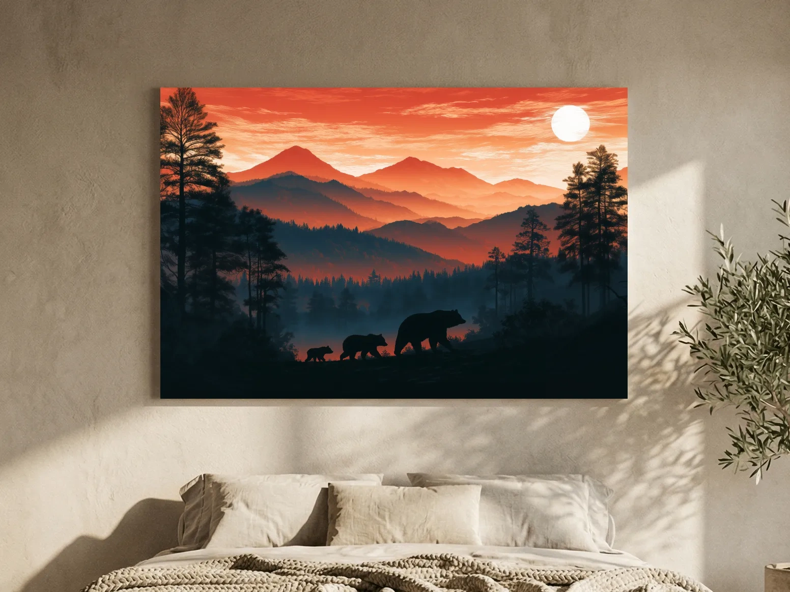 Mountain Sunset Bear Family Silhouettes - Wilderness Landscape Artwork