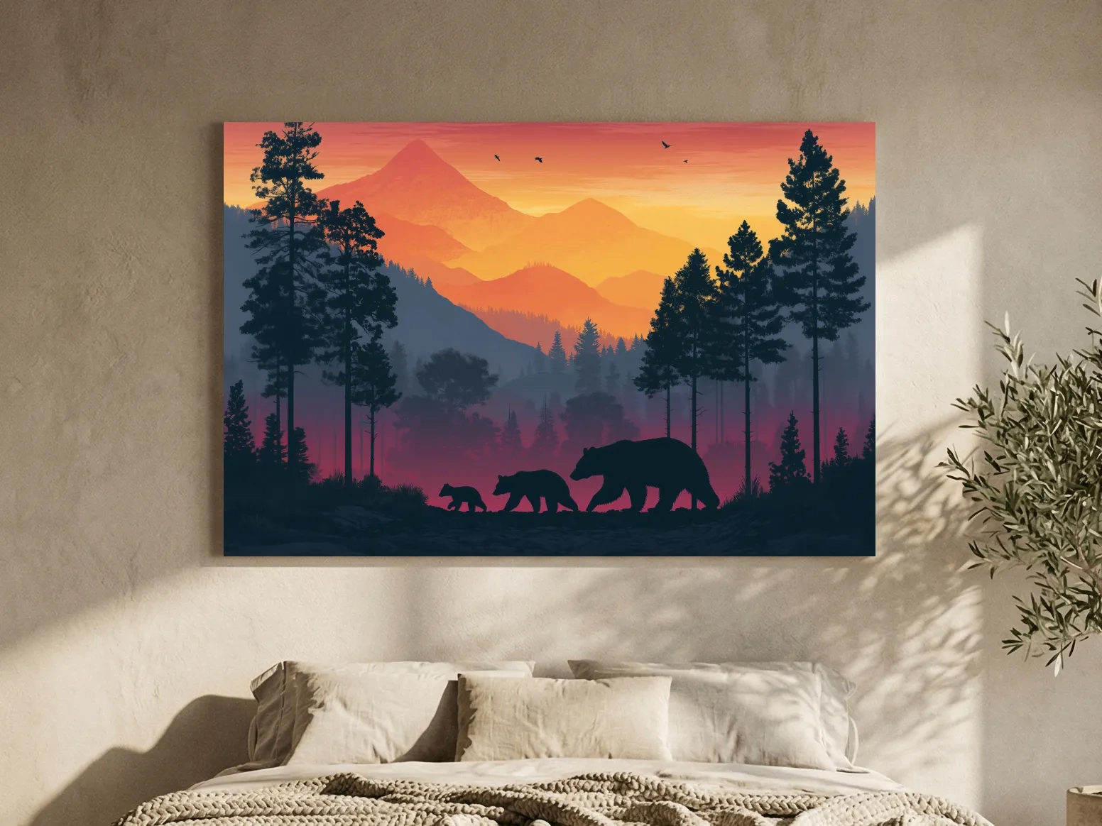 Sunset Momma Bear & Cubs Silhouette - Forest Wildlife Wall Art