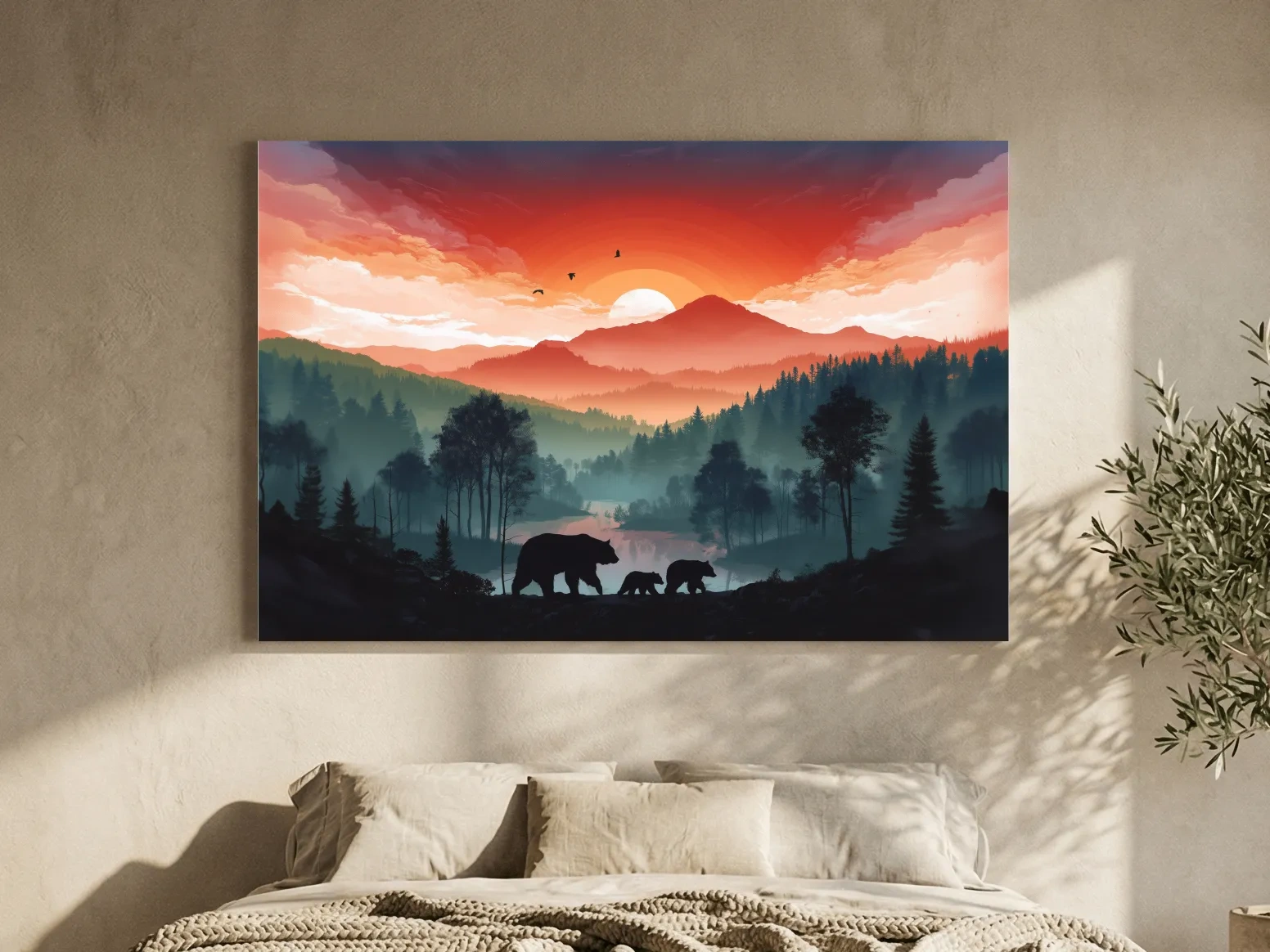 Sunset Bear Family Silhouette Landscape - Misty Mountain Forest Wall Art