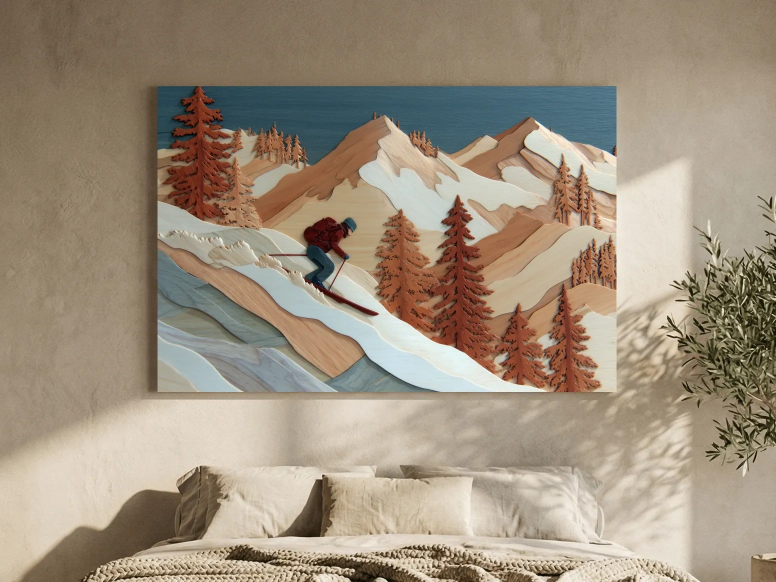 Wood Intarsia Style Skier Mountain Scene - Winter Alpine Wall Art