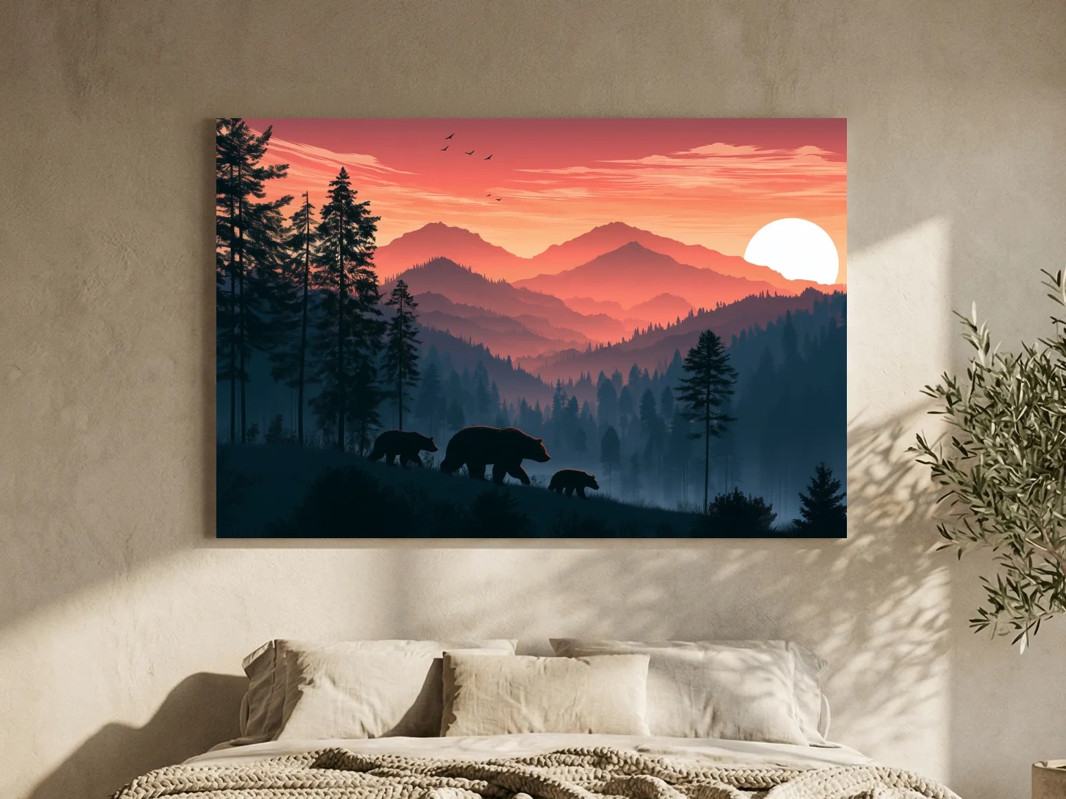 Bear Family Silhouette Mountain Sunset - Wildlife Landscape Wall Art