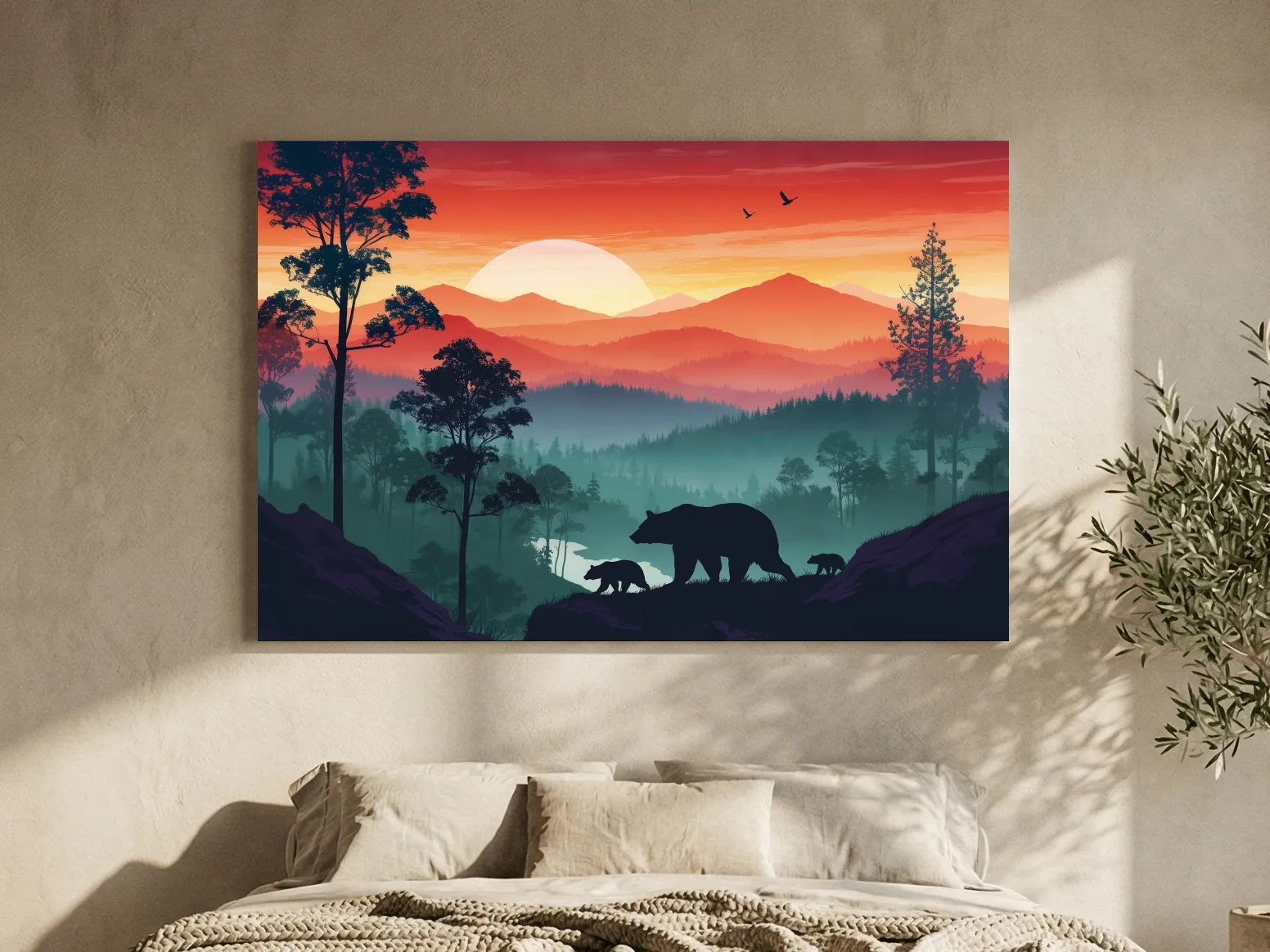Sunset Mama Bear & Cubs Silhouette - Misty Forest Landscape Artwork
