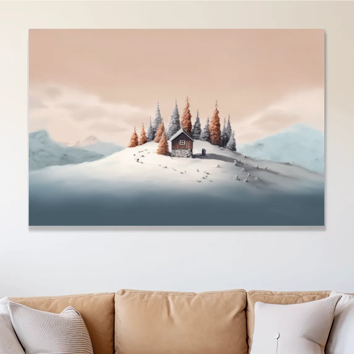 Minimal painting, cabin in the snow