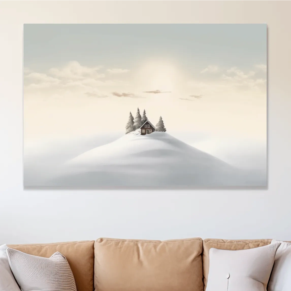 Minimal painting, cabin in the snow